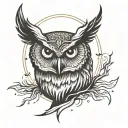 half owl tattoo with minimalist and clean lines sun rays and lightning in the background tattoo design idea