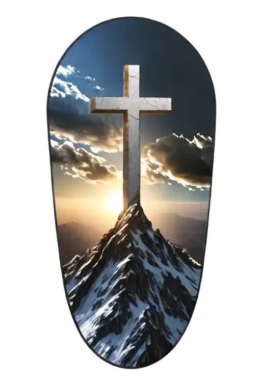 christian cross summit of a mountain landscape ray of sunshine tattoo design idea