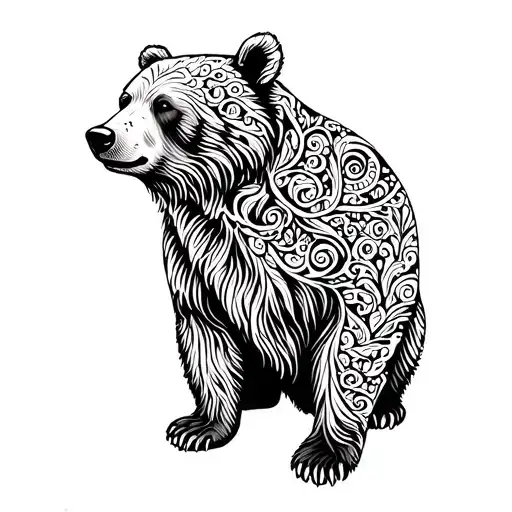 bear from side outline interwined with paisleys minimalistic, draw with more white space and less lines inside the bear. tattoo design idea