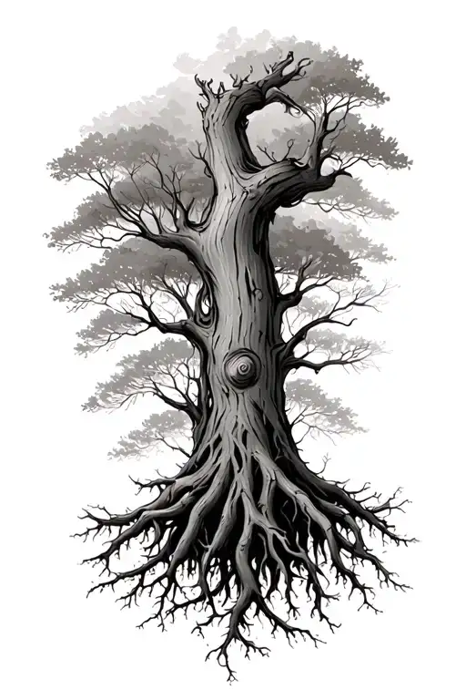 "A Greyscale of Wooden Roots" a tattoo in gray degrades on shoulder, arms and front arms or all the muscles are replaced by BOI roots tattoo design idea