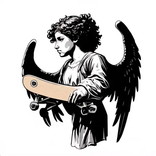 Angel facing sideways holding a skateboard — minimalist outline version to fit the patchwork look tattoo design idea