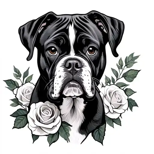 a boxer dog, with roses and leaves around it luminous points tattoo design idea