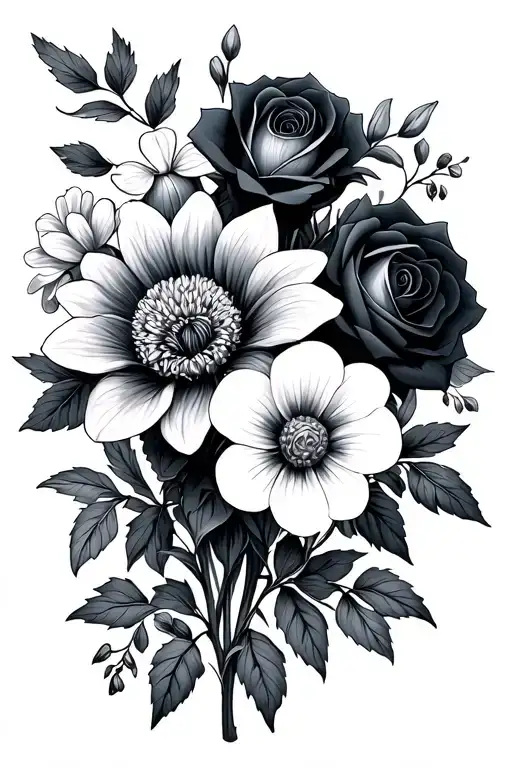 flower bouquet with Violets, Irises, Primroses, Black Baccara Roses, Dahlia Pinnatas tattoo design idea