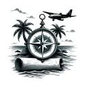 compass, scroll, palm trees, plane, beach tattoo design idea