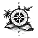 compass, scroll, palm trees, plane, beach tattoo design idea
