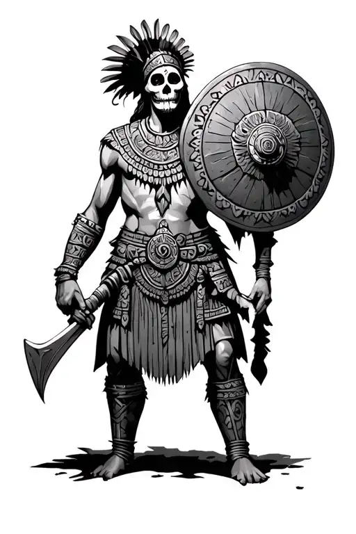 day of the dead Aztec warrior holding a shield tattoo design idea