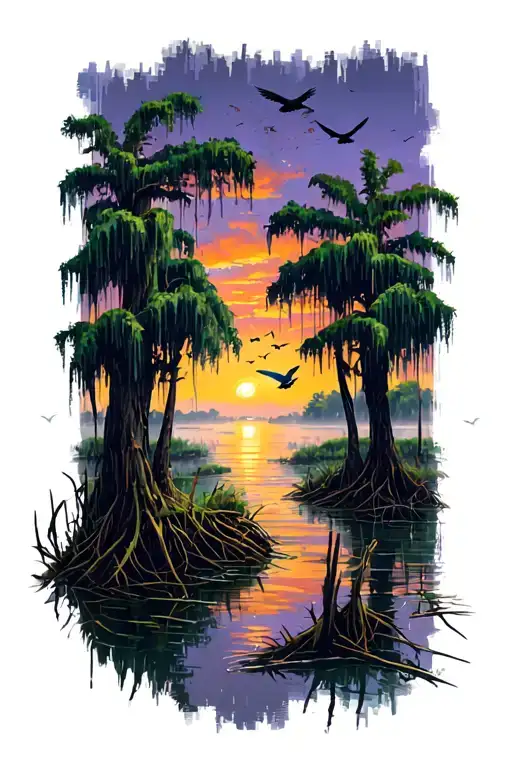 Louisiana swamp with spanish moss trees. Colorful sunset and birds flying tattoo design idea