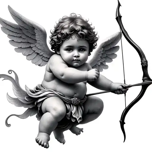 chubby cherub with cute face flying holding a bow and arrow tattoo design idea
