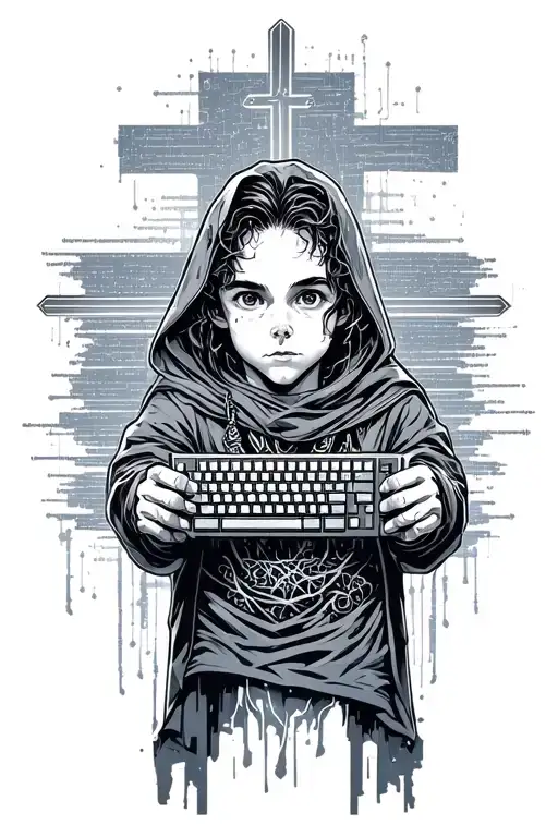 cyber sigilism style with crosses horizontally and charon in young age holding keyboard and codes in the background. tattoo design idea