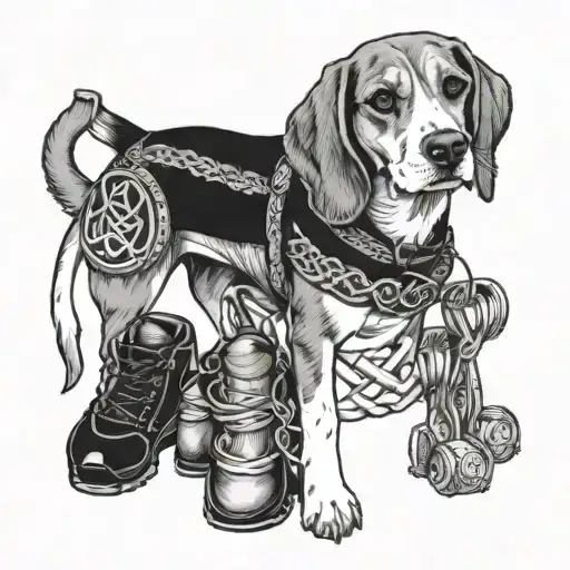 A beagle wearing a celtic collar and surrounded by hiking gear tattoo design idea
