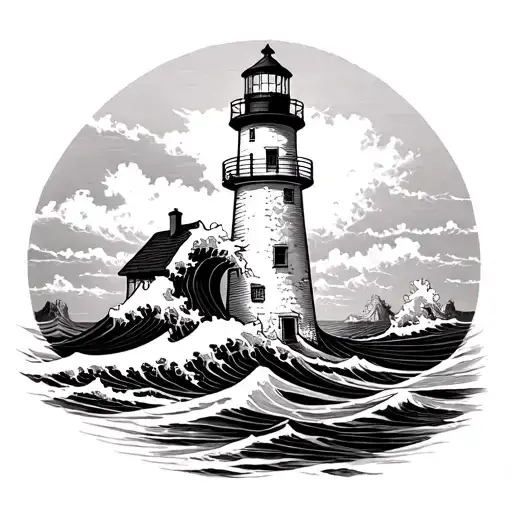 Vintage Lighthouse with a Giant Wave Wrapping Around It. all black and white tattoo design idea