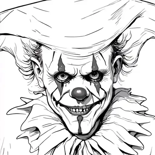 crazy scary clown with sewn up eyes and scars on his face in a jester's cap and a slit throat tattoo design idea