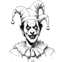 crazy scary clown with sewn up eyes and scars on his face in a jester's cap and a slit throat tattoo design idea