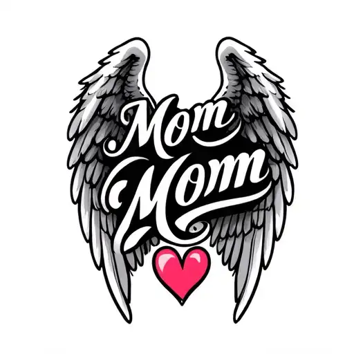 "Mom Mom" angel wings around name script font hearts tattoo design idea