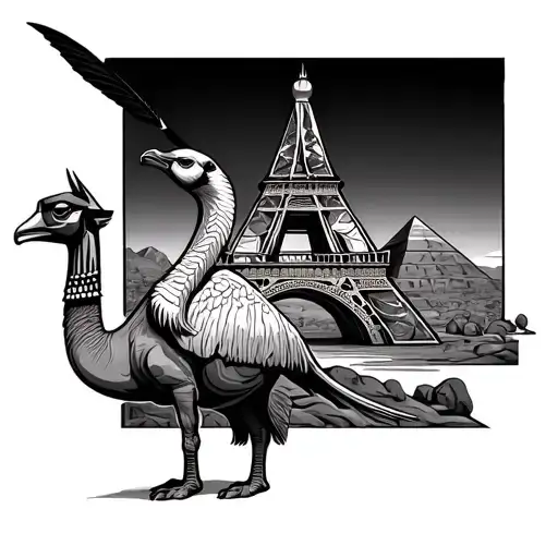 exyptian piramid anubis eifel tower camel and dodo bird tattoo design idea