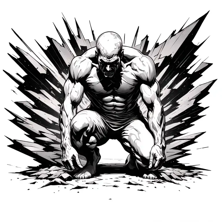 Atlas kneels in pain as the world above him fractures into shards of light and stone tattoo design idea