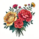 rose, carnation, carnation, aster, aster bouquet wrapped tattoo design idea