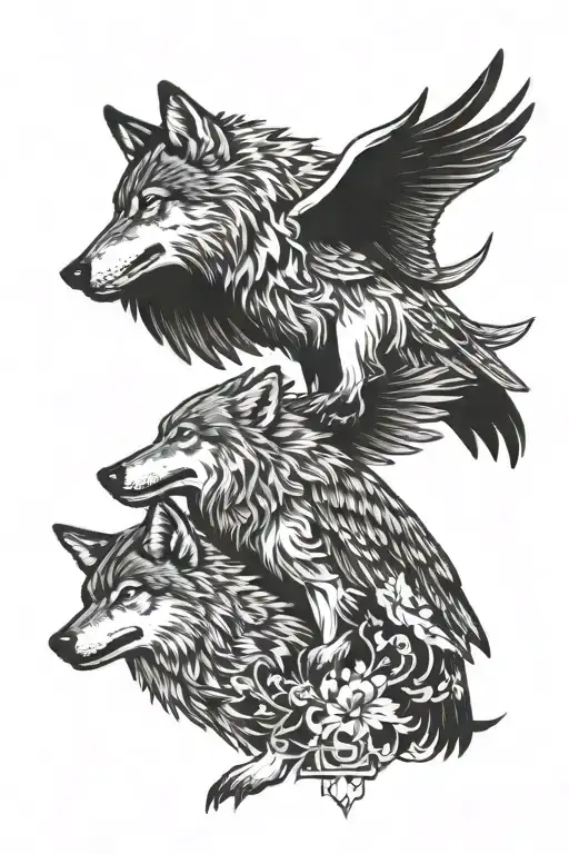 wolves and crows flying tattoo design idea