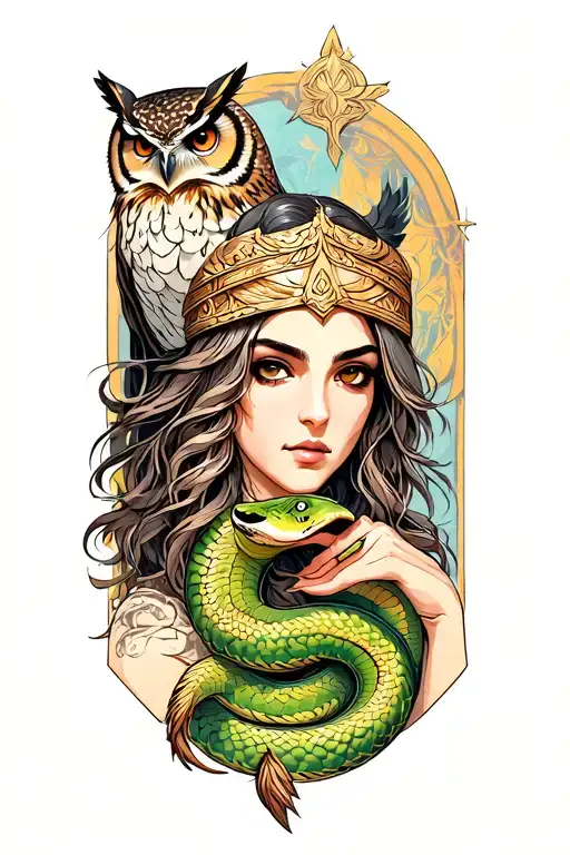 goddess athena with owl and snake tattoo design idea