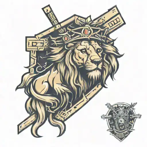 lion head with a crucifixion scene including a battered shield  tattoo design idea