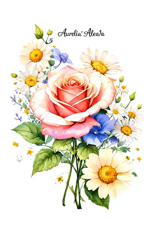 "Aurelia, Aleah’a" rose flower, sweet pea flower, honeysuckle flowers, daisies tattoo design idea
