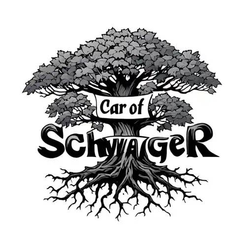 Tree care of Schwaiger lettering in a tree with leaves and roots tattoo design idea