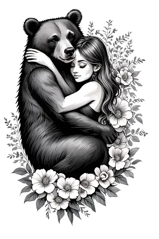 Bear hugging a woman, Surrounded By Bold Floral tattoo design idea