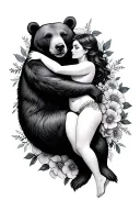 Bear hugging a woman, Surrounded By Bold Floral tattoo design idea