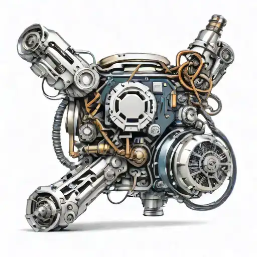 A cybernetic robot arm holding a motherboard with circuitry flowing into a vintage car engine tattoo design idea