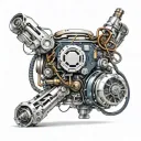 A cybernetic robot arm holding a motherboard with circuitry flowing into a vintage car engine tattoo design idea