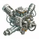 A cybernetic robot arm holding a motherboard with circuitry flowing into a vintage car engine tattoo design idea