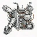 A cybernetic robot arm holding a motherboard with circuitry flowing into a vintage car engine tattoo design idea