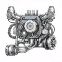 A cybernetic robot arm holding a motherboard with circuitry flowing into a vintage car engine tattoo design idea