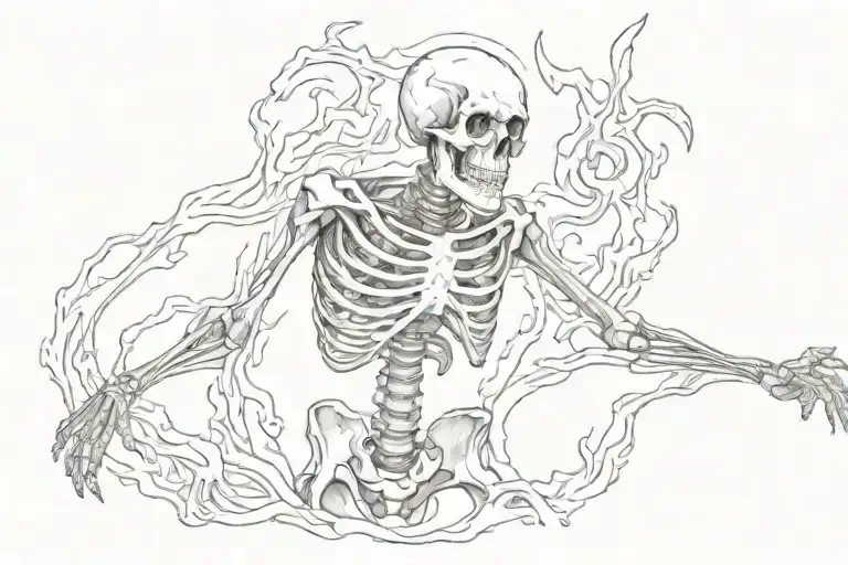 Skeleton suffering burning in hell tattoo design idea