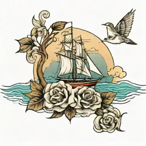 a remembrance tattoo with the name Chandler Bowman 4/27/97 - 6/26/24 with a sail boat and the ocean no roses  tattoo design idea