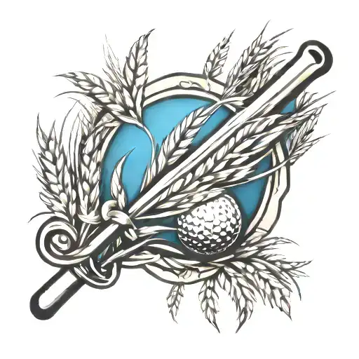 blue Ribbon with golf club and wheat coming tattoo design idea
