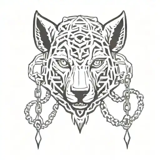 Anthropomorphic creature with mouth of a wolf and eyes of a lamb adorned in chains  tattoo design idea