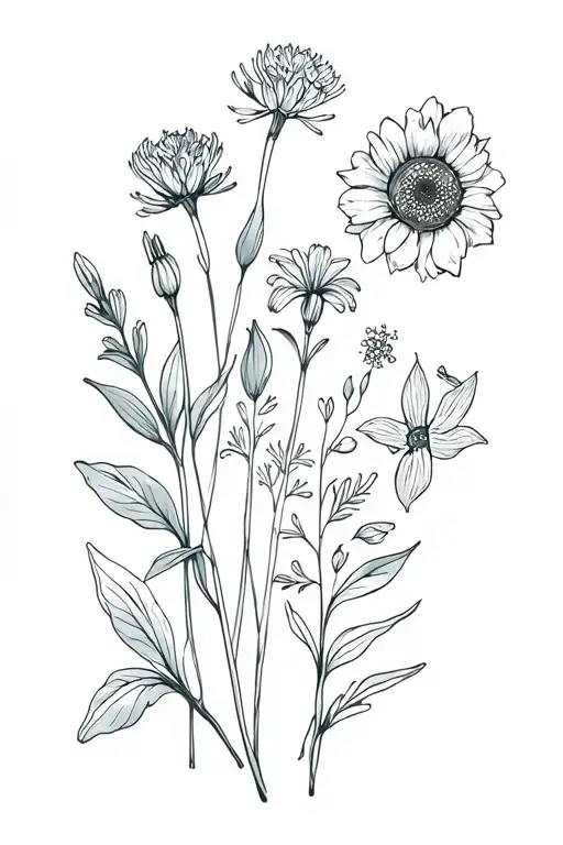 Flowers:Acacia, Alstroemeria, Allium, Bells of Ireland, Camellia, Bluebell, Forget-me-not, Iris, Vinca, and Sunflower tattoo design idea