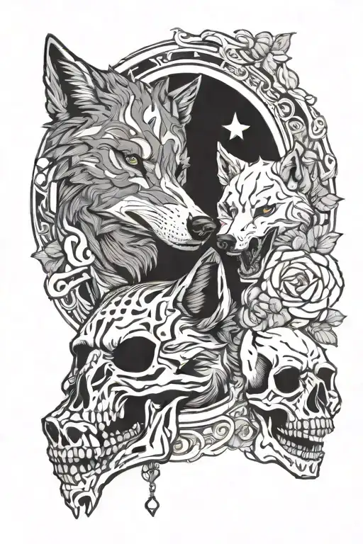 wolves and skull tattoo design idea