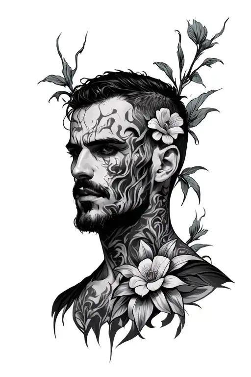 a intense black and white illustration of a man who is infected with the hells paradise flower desease tattoo design idea