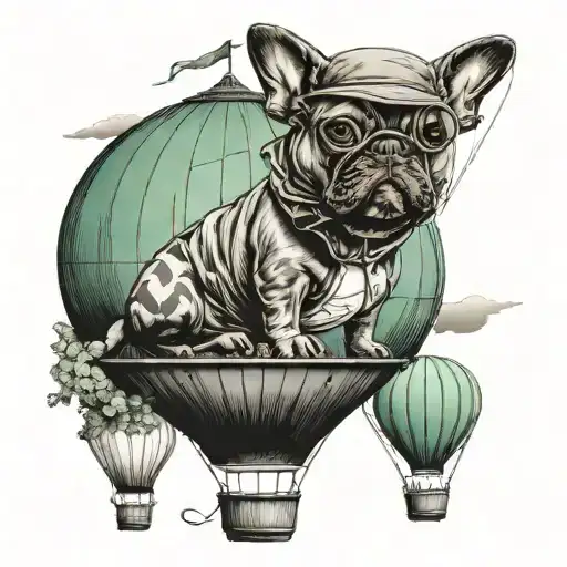 a french bulldog in a hot air balloon floating over a green house with an old man inside   tattoo design idea