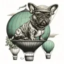 a french bulldog in a hot air balloon floating over a green house with an old man inside   tattoo design idea