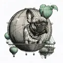 a french bulldog in a hot air balloon floating over a green house with an old man inside   tattoo design idea