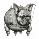 a french bulldog in a hot air balloon floating over a green house with an old man inside   tattoo design idea