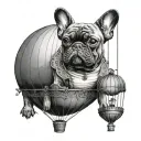 a french bulldog in a hot air balloon floating over a green house with an old man inside   tattoo design idea