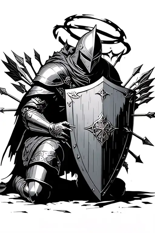 dark souls, gothic knight kneeling, god, halo. battleworn. arrows in a shield. tattoo design idea