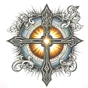 cross with john 13:34 written vertically in it with sun rays and water in the background  tattoo design idea