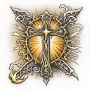 cross with john 13:34 written vertically in it with sun rays and water in the background  tattoo design idea