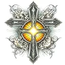 cross with john 13:34 written vertically in it with sun rays and water in the background  tattoo design idea