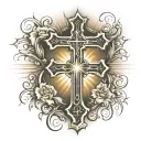 cross with john 13:34 written vertically in it with sun rays and water in the background  tattoo design idea